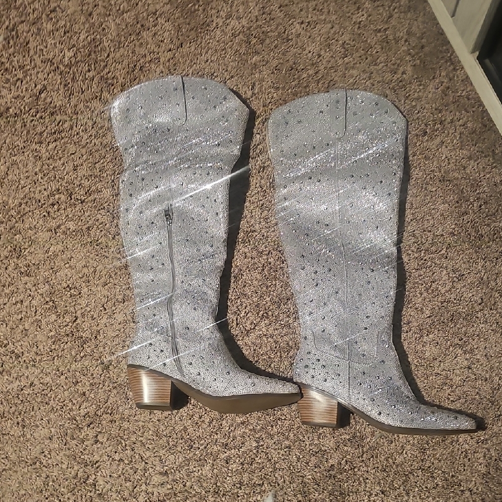 Silver Rhinestone Knee-High Boots